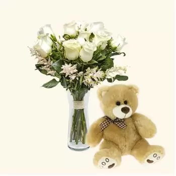 Fuengirola-virágok- Csomag 12 fehér rózsa + Teddy mackó Virág Szállítás