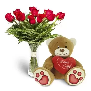 Sevilla-virágok- Pack 12 vörös rózsa + Teddy medve szív Virág Szállítás