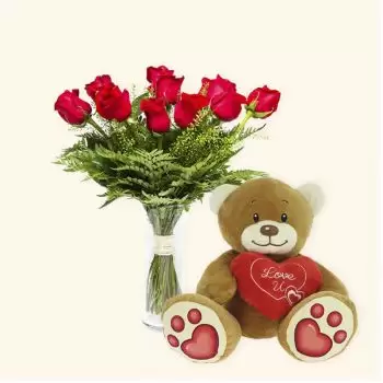 Llombai bunga- Pek 12 mawar merah + Teddy menanggung hati Bunga Penghantaran