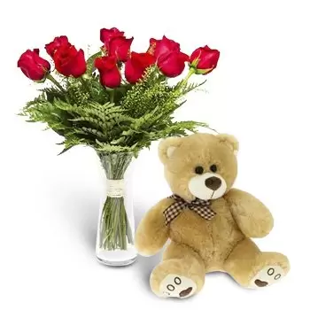 Сан-Себастьян квіти- Пакет 12 червоних троянд + плюшевий ведмедик Квітка Доставка