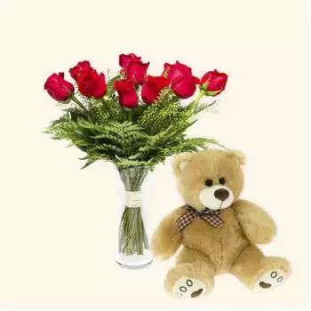 Arrigorriaga blomster- Pakke 12 røde roser + Bamse Blomst Levering