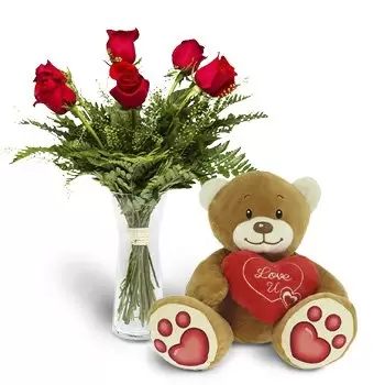 Barcelona-virágok- Pack 6 vörös rózsa + Teddy medve szív Virág Szállítás