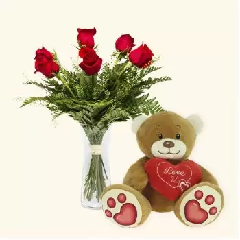 Cieza-virágok- Pack 6 vörös rózsa + Teddy medve szív Virág Szállítás
