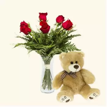Santomera kwiaty- Opakowanie 6 czerwonych róż + Miś Kwiat Dostawy