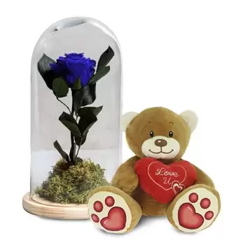Малага цветя- Вечната синя роза и плюшена мечка сърце пакет 