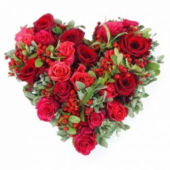 Марсилия цветя- Сърце от червени и фуксия Тирани рози Цвете Доставка