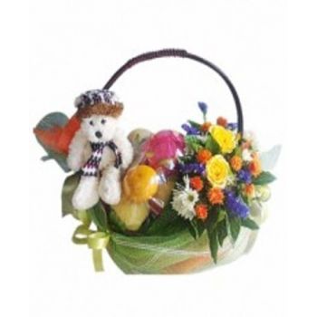 태국 꽃- 꽃과 곰이 있는 과일 바구니 꽃 배달