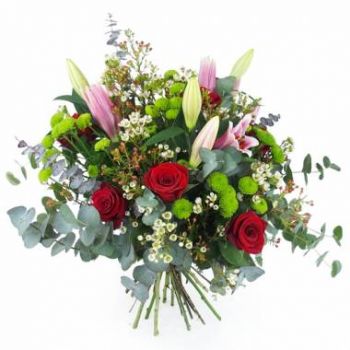 لطيف الزهور على الإنترنت - باقة من الورود الحمراء والزنابق الوردية كورك باقة