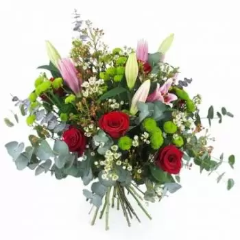 マルセイユ 花- 赤いバラとピンクのユリの花束コルク 花 配信