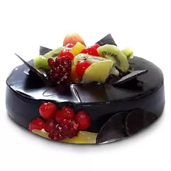 כוויית חנות פרחים באינטרנט - עוגת פירות שוקולד בצורה עגולה זר פרחים