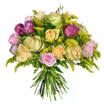 Almondbank-virágok- Roses és Solidago Harmónia Virág Szállítás