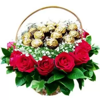 撫順 花- バラとチョコレートのバスケット 花 配信
