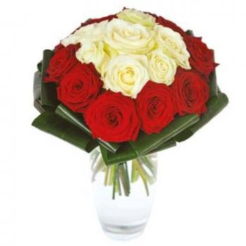 Adam-les-Passavant bunga- Sejambak mawar merah dan putih Capri Bunga Penghantaran