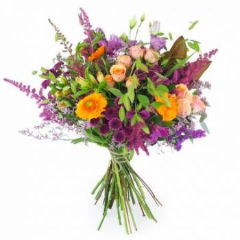 בובעקה פרחים- זר פרחים ארוך כתום וסגול של Valence פרח משלוח