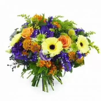 Montpellier blomster- Amsterdam oransje, gul og lilla bukett Blomst Levering