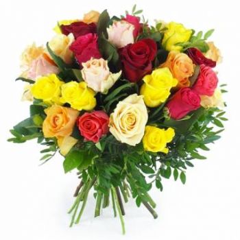 Σκέλδον λουλούδια- Στρογγυλό μπουκέτο με πολύχρωμα τριαντάφυλλα  Λουλούδι Παράδοση