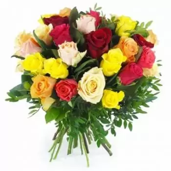 Nagy-Santi-virágok- Kerek csokor színes Malaga rózsákból Virág Szállítás