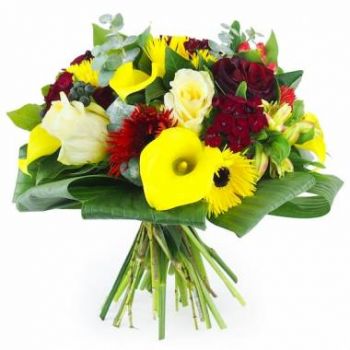 Mahaica Village Online Blumenhändler - Madrider gelber und roter runder Blumenstrauß Blumenstrauß