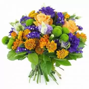 Макурия цветя- Марсилски портокал и лилав кръгъл букет Цвете Доставка