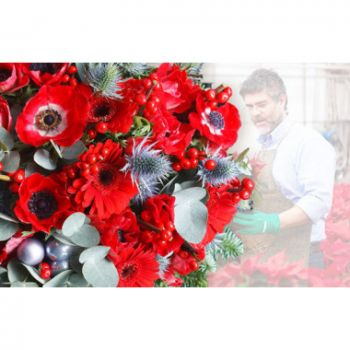 Марсилия цветя- Червен и сребърен коледен букет за изненада Цвете Доставка
