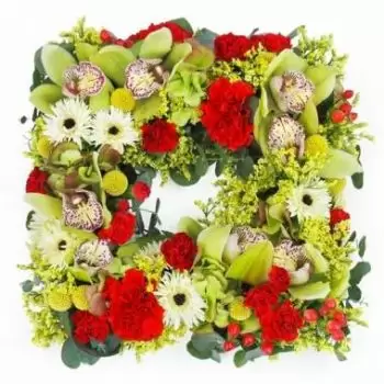 Larvotto Floristeria online - Cuadrado de flores rojas y verdes cosidas Éol Ramo de flores