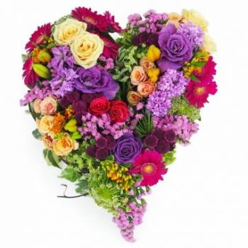 Hyggelig blomster- Hjerte av fuchsia, oransje og lilla Pericles- Blomst Levering