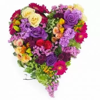 Fontvielle Online blomsterbutikk - Hjerte av fuchsia, oransje og lilla Pericles- Bukett