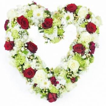 איחוד חנות פרחים באינטרנט - לב אבל של פרחים לבנים ואדומים אכיל זר פרחים