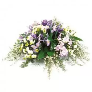 Ομορφη λουλούδια- Πανηγυρική μοβ & λευκό πένθιμη σύνθεση Λουλούδι Παράδοση