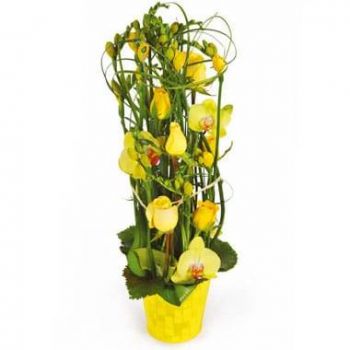 Nantes-virágok- Bora-Bora sárga virágok összetétele Virágkötészeti csokor