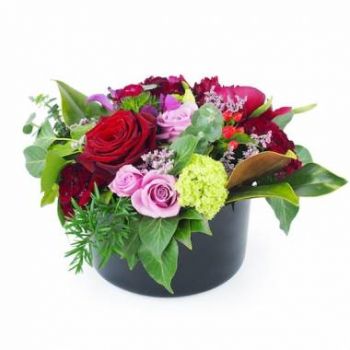 Amberre Blumen Florist- Komposition aus roter Rose und malvenfarbenem Blumen Lieferung
