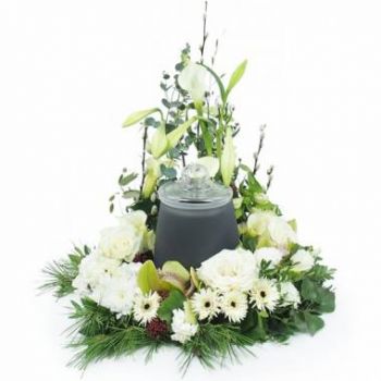 Martinik online květinářství - Věnec z bílých květů na pohřební urnu Delos Kytice