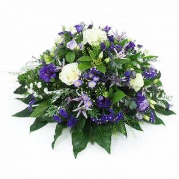 La Condamine Online Blumenhändler - Neptun weiß & lila-blaues Trauerkissen Blumenstrauß