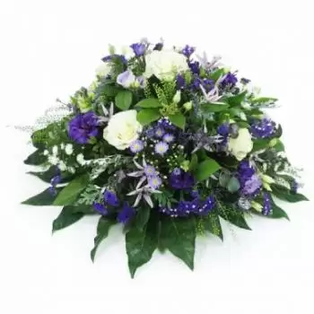 La Possession Floristeria online - Cojín de luto Neptuno blanco y azul violeta Ramo de flores