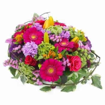 Mooi hoor online bloemist - Fuchsia, mauve & oranje Bacchus rouwkussen Boeket