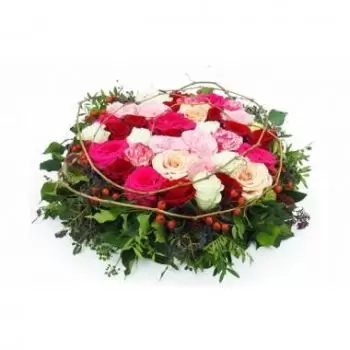 Bellefontaine Fleuriste en ligne - Coussin de roses rouges & roses Mycènes Bouquet