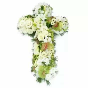 Реюнион цветя- Траурен кръст с бяло цвете на Прокрида Цвете Доставка