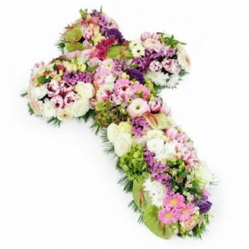fleuriste fleurs de Réunion- Croix de deuil de fleurs blanches & roses Cép Fleur Livraison