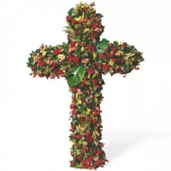 Лион цветы- Траурный крест из красных цветов Небеса Цветок Доставка
