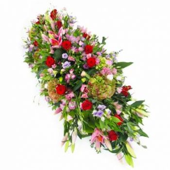 Bijeenkomst bloemen bloemist- Roze, paarse en rode Athena doodskist top Bloem Levering
