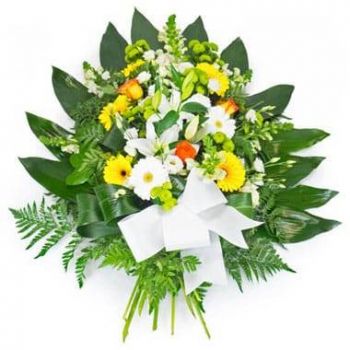 fleuriste fleurs de Lyon- Gerbe de fleurs jaunes oranges & blanches Bouquet/Arrangement floral