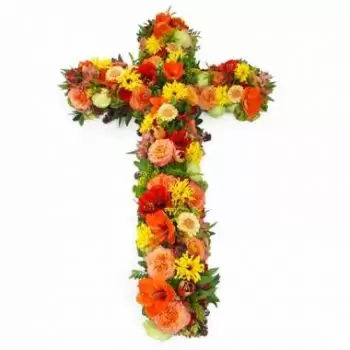 Льо Лок онлайн магазин за цветя - Голям кръст от червени, оранжеви и жълти цвет Букет