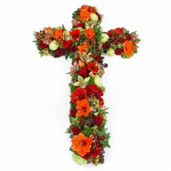Réunion Fleuriste en ligne - Grande croix de fleurs rouges & vertes Diomèd Bouquet