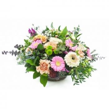 Lille blomster- Kurv med rosa og laks Artemis-landsblomster Blomst Levering