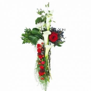 Le Port Fleuriste en ligne - Petite croix de deuil blanche & rouge Hercule Bouquet