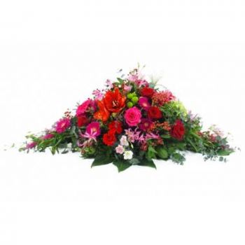 Piton Saint-Leu online bloemist - Rood, fuchsia & roze Korinthos rouwracket Boeket